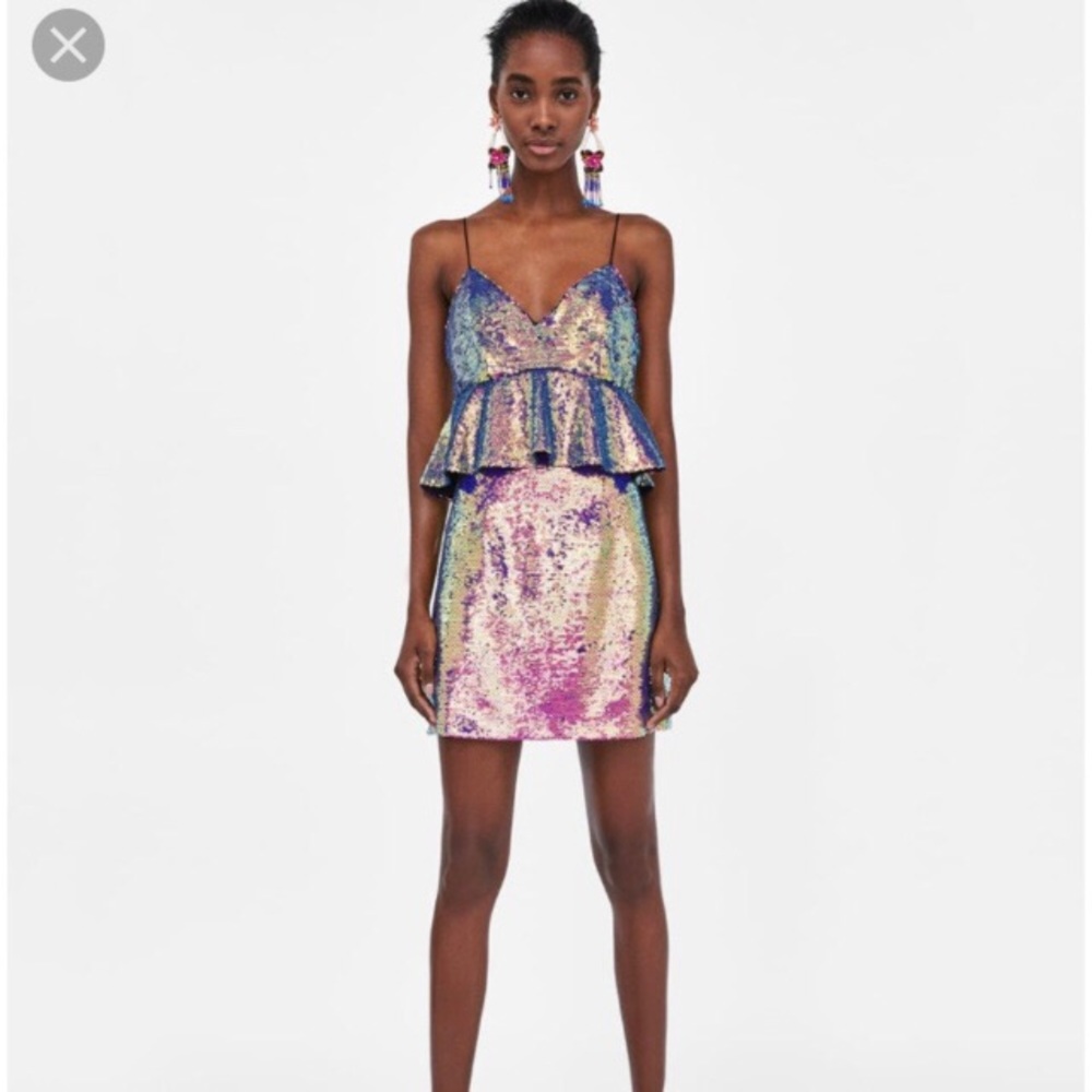 “Zara" gorgeous multi-colored sequined mini dress w/ spaghetti straps & peplum - Picture 4 of 16